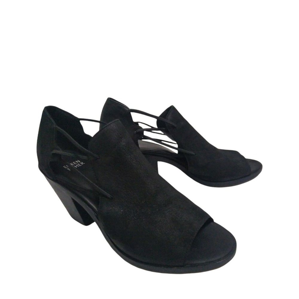 Eileen Fisher Womens Matte Black Leather Chunky Cage Stacked Heel Peep Toe Us 9